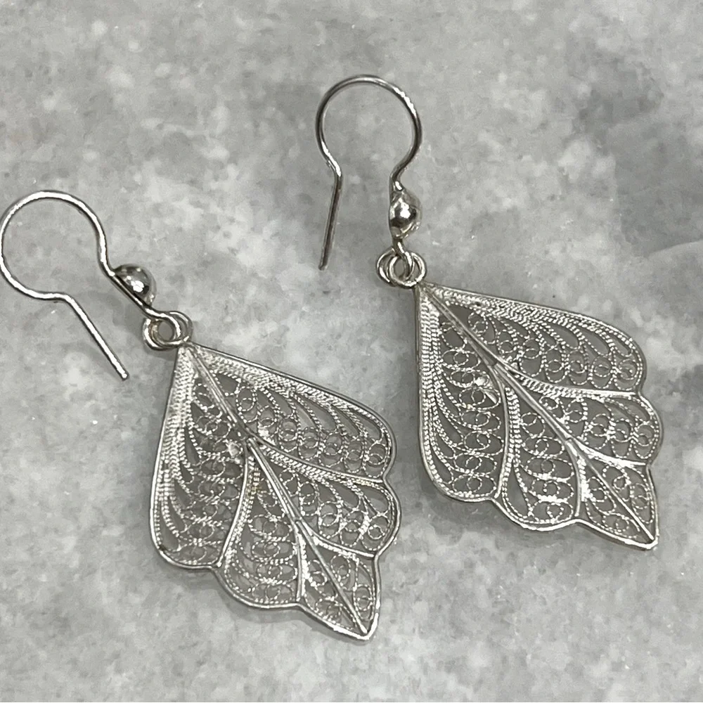 Sterling Silver Filigree Dangle Leaf Earrings - Picture 5 of 9